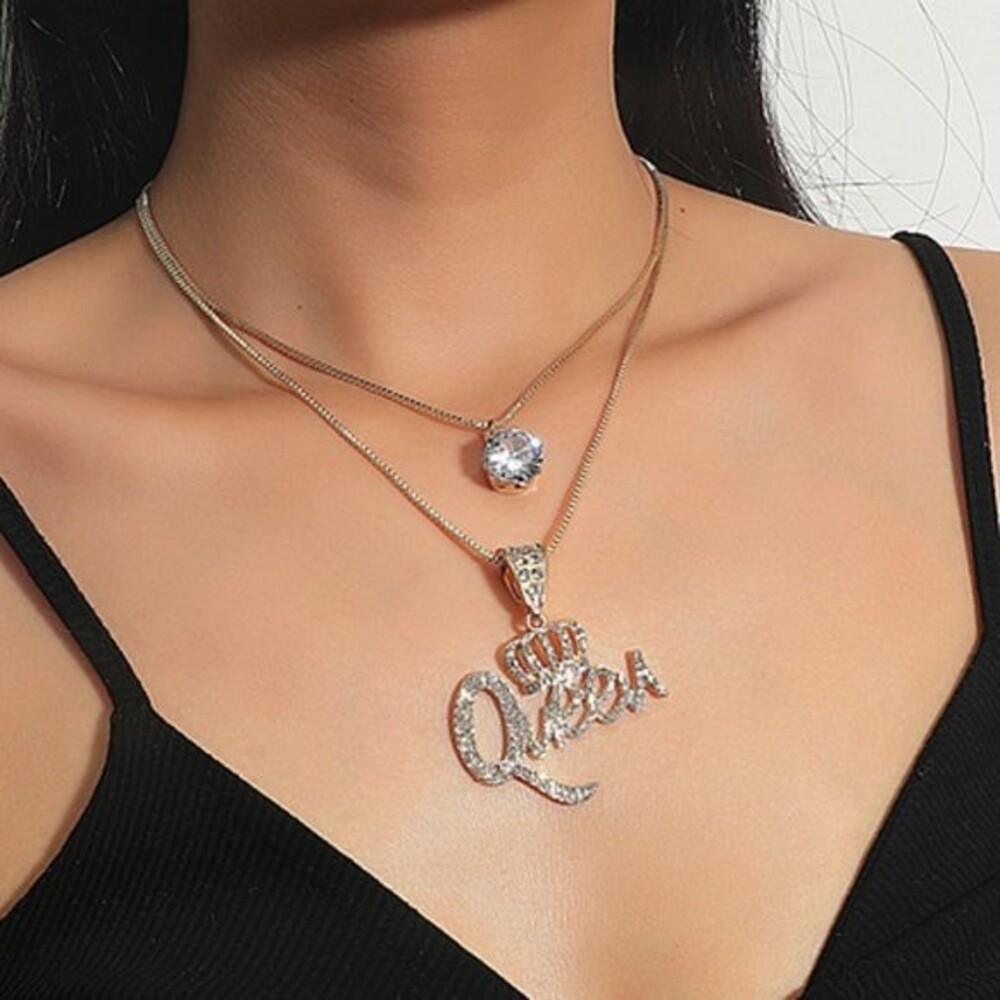 QUEEN Gold Rhinestone Dual Layer Chain Necklace Set Bling Y2K Glam Luxury Baddie